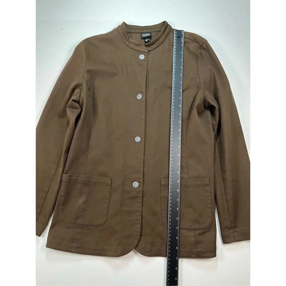 Eileen Fisher Brown Metal Snap Mandarin Collar Blazer Jacket Front Size Small